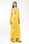 Buy_AK-OK_Yellow Silk Embroidery, Stones Split V-neck Long Kurta And Trouser Set _at_Aza_Fashions