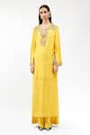 Buy_AK-OK_Yellow Silk Embroidery, Stones Split V-neck Long Kurta And Trouser Set _Online_at_Aza_Fashions