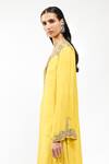 Shop_AK-OK_Yellow Silk Embroidery, Stones Split V-neck Long Kurta And Trouser Set _Online_at_Aza_Fashions