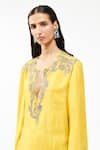 Buy_AK-OK_Yellow Silk Embroidery, Stones Split V-neck Long Kurta And Trouser Set 