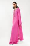 Shop_AK-OK_Fuchsia Silk Sequins, Embroidery Split V-neck Long Kurta And Trouser Set _Online_at_Aza_Fashions