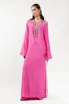 Buy_AK-OK_Fuchsia Silk Sequins, Embroidery Split V-neck Long Kurta And Trouser Set _at_Aza_Fashions