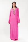 AK-OK_Fuchsia Silk Sequins, Embroidery Split V-neck Long Kurta And Trouser Set _at_Aza_Fashions