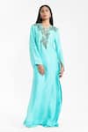 Buy_AK-OK_Aqua Silk Beads, Sequins, Embroidery Split V-neck Long Kurta And Trouser Set _at_Aza_Fashions