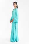 AK-OK_Aqua Silk Beads, Sequins, Embroidery Split V-neck Long Kurta And Trouser Set _Online_at_Aza_Fashions