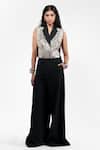 Shop_AK-OK_Black Viscose Mirrors V-neck, Collared Waistcoat With Trouser _Online_at_Aza_Fashions