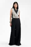 AK-OK_Black Viscose Mirrors V-neck, Collared Waistcoat With Trouser _at_Aza_Fashions