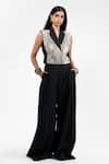 Shop_AK-OK_Black Viscose Mirrors V-neck, Collared Waistcoat With Trouser 