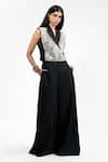 Shop_AK-OK_Black Viscose Mirrors V-neck, Collared Waistcoat With Trouser _at_Aza_Fashions