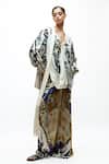 AK-OK_Ivory Silk V-neck Printed Wrap Top And Skirt Set _Online_at_Aza_Fashions