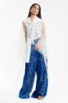 Shop_AK-OK_White Nylon, Cotton Applique, Embroidery, Sequins Work Shirt And Trouser Set _Online_at_Aza_Fashions