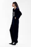 Buy_AK-OK_Navy Silk, Velvet Embroidery Round Neck Sculpted Crop Top And Draped Pant Set _Online_at_Aza_Fashions
