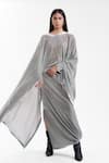 Shop_AK-OK_Grey Velvet Round Neck Dupatta Cape With Structured Lungi Skirt 