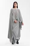 AK-OK_Grey Velvet Round Neck Dupatta Cape With Structured Lungi Skirt _Online