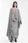 AK-OK_Grey Velvet Round Neck Dupatta Cape With Structured Lungi Skirt 