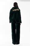 Shop_AK-OK_Emerald Green Velvet Sequins, Embroidery Sculpted Crop Top And Draped Pant Set _at_Aza_Fashions