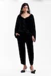 Buy_AK-OK_Black Velvet, Silk Embroidery V-neck Draped Jacket With Tailored Trouser _at_Aza_Fashions