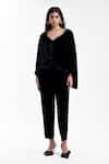 AK-OK_Black Velvet, Silk Embroidery V-neck Draped Jacket With Tailored Trouser _Online_at_Aza_Fashions