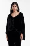Buy_AK-OK_Black Velvet, Silk Embroidery V-neck Draped Jacket With Tailored Trouser _Online_at_Aza_Fashions