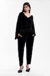 Shop_AK-OK_Black Velvet, Silk Embroidery V-neck Draped Jacket With Tailored Trouser _Online_at_Aza_Fashions