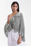 Buy_AK-OK_Grey Velvet, Silk Off-shoulder Fluid Draped Statement Jacket _at_Aza_Fashions