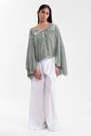 Shop_AK-OK_Grey Velvet, Silk Off-shoulder Fluid Draped Statement Jacket _Online_at_Aza_Fashions