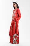 AK-OK_Red Silk Foil Printing Mandarin Collar, Split Printed Kurta And Trouser Set _Online_at_Aza_Fashions