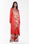 Buy_AK-OK_Red Silk Foil Printing Mandarin Collar, Split Printed Kurta And Trouser Set _Online_at_Aza_Fashions