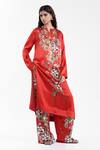 Buy_AK-OK_Red Silk Foil Printing Mandarin Collar, Split Printed Kurta And Trouser Set _at_Aza_Fashions