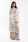 Buy_AK-OK_Beige Silk Split V-neck Printed Kurta And Trouser Set _at_Aza_Fashions