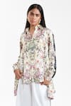 Buy_AK-OK_Ivory Silk Collared, V-neck Contemporary Printed Shirt _at_Aza_Fashions