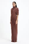 Deme By Gabriella_Brown Lycra, Net High Neck Beth Draped Maxi Gown  _at_Aza_Fashions