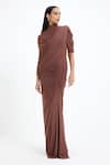 Buy_Deme By Gabriella_Brown Lycra, Net High Neck Beth Draped Maxi Gown  _at_Aza_Fashions