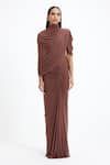 Buy_Deme By Gabriella_Brown Lycra, Net High Neck Beth Draped Maxi Gown  