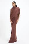 Shop_Deme By Gabriella_Brown Lycra, Net High Neck Beth Draped Maxi Gown  