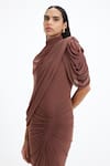 Shop_Deme By Gabriella_Brown Lycra, Net High Neck Beth Draped Maxi Gown  _Online