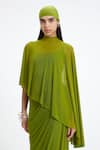 Buy_Deme By Gabriella_Green Lycra, Net High , Scoop Devon Draped Panel Asymmetric Cape Gown _Online_at_Aza_Fashions