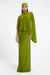 Buy_Deme By Gabriella_Green Lycra, Net High , Scoop Devon Draped Panel Asymmetric Cape Gown _at_Aza_Fashions