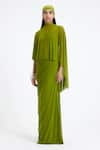 Shop_Deme By Gabriella_Green Lycra, Net High , Scoop Devon Draped Panel Asymmetric Cape Gown _Online_at_Aza_Fashions