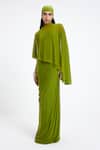 Deme By Gabriella_Green Lycra, Net High , Scoop Devon Draped Panel Asymmetric Cape Gown _at_Aza_Fashions