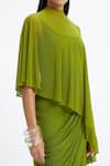 Shop_Deme By Gabriella_Green Lycra, Net High , Scoop Devon Draped Panel Asymmetric Cape Gown 
