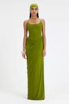 Deme By Gabriella_Green Lycra, Net High , Scoop Devon Draped Panel Asymmetric Cape Gown _Online