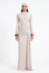 Buy_Deme By Gabriella_Off White Lycra, Net High Neck Denise Ruched Tie-up Maxi Dress _at_Aza_Fashions