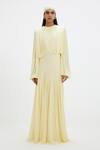 Deme By Gabriella_Yellow Lycra, Net Round Neck Jeanie Pleated Balloon Sleeve Gown _at_Aza_Fashions