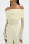 Shop_Deme By Gabriella_Yellow Net, Lycra Off-shoulder Kaley Off Draped Top And Flared Pant Set _Online_at_Aza_Fashions