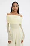 Buy_Deme By Gabriella_Yellow Net, Lycra Off-shoulder Kaley Off Draped Top And Flared Pant Set 