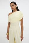 Deme By Gabriella_Yellow Lycra Asymmetric, One Shoulder Mayim Draped Bodysuit And Pant Set _at_Aza_Fashions
