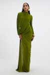 Buy_Deme By Gabriella_Green Lycra, Net High Neck Suzie Draped Gown _at_Aza_Fashions