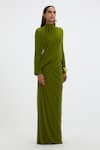 Deme By Gabriella_Green Lycra, Net High Neck Suzie Draped Gown _at_Aza_Fashions