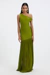 Buy_Deme By Gabriella_Green Lycra, Net One Shoulder Tiffany Pleated Gown _at_Aza_Fashions